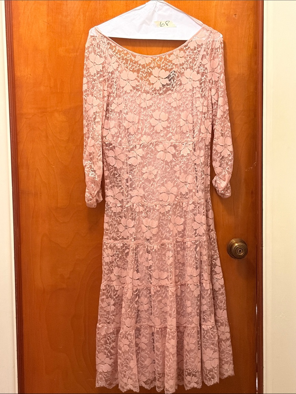 S.L. Fashions Blush Pink Lace V-Neck Tiered Long-Sleeve Dress